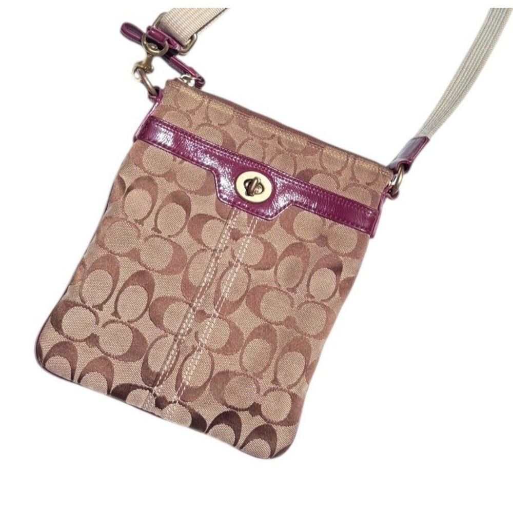 Coach Signature Canvas Crossbody Bag Khaki Pink Patent Leather Trim